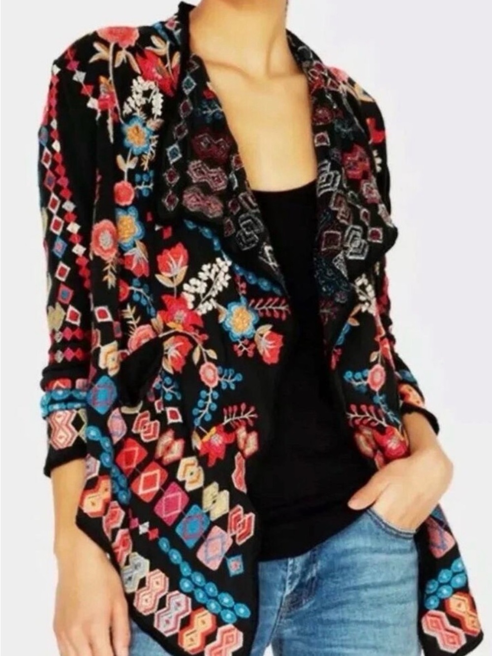 Johnny Was Biya Wrap Open-Front Cardigan with Multicolor Floral Embroidery